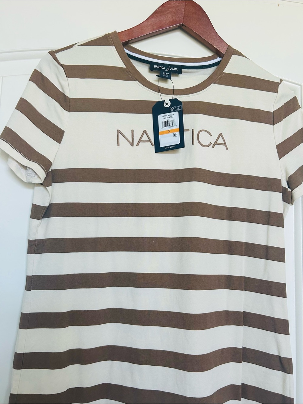 Nautica Cream and Brown Striped Logo Short Sleeve Tee